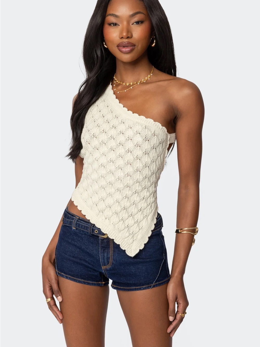 Edikted One-Shoulder Crochet Handkerchief-Hem Camisole - Cream